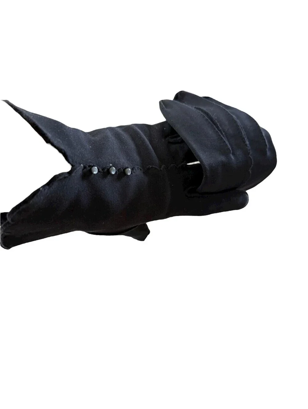 Vintage 1960s Gloves, Black Wrist Length, Scalloped Hem, WOUNDED BIRD, Shortie